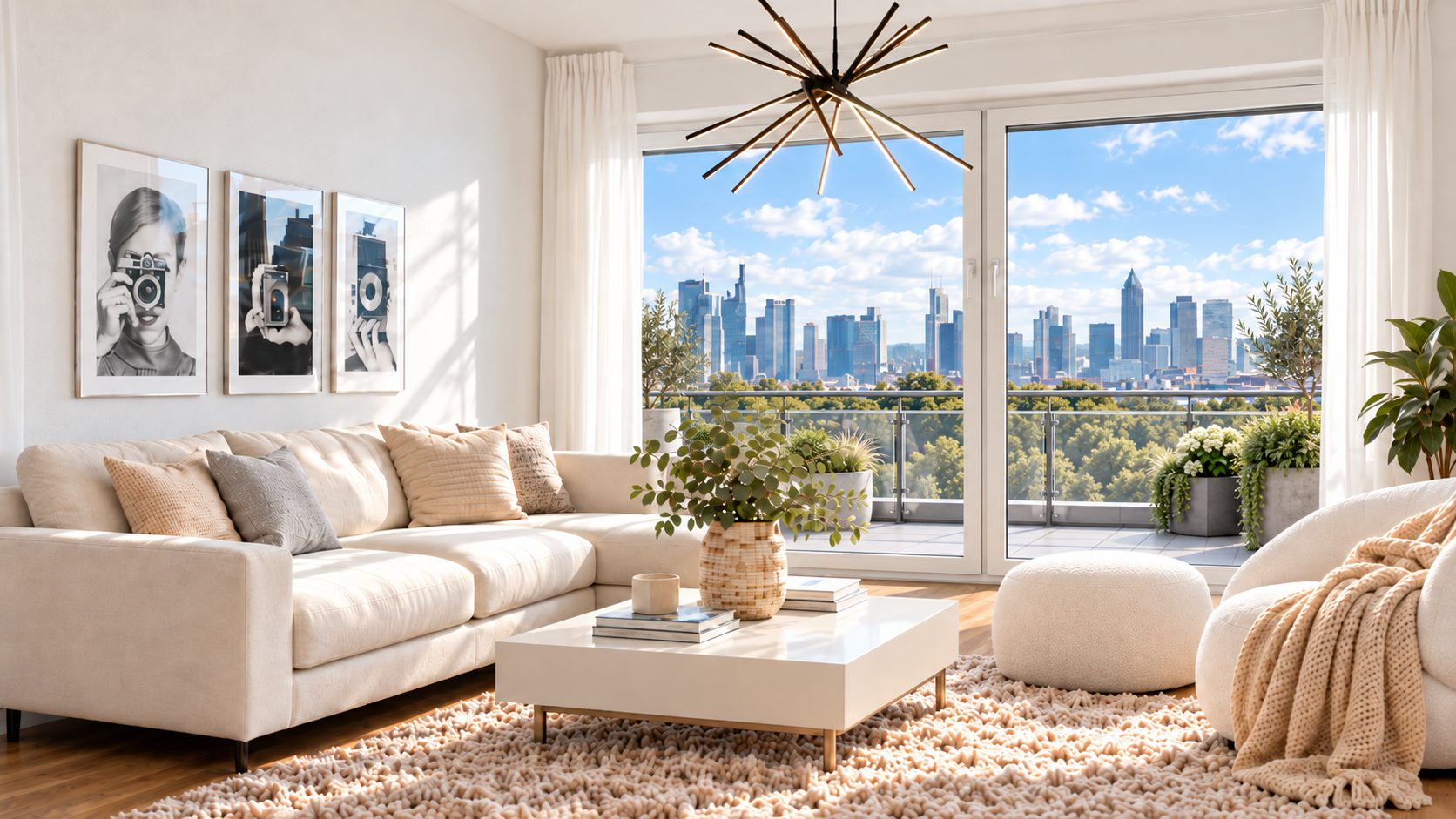 Helles Wohnzimmer mit Balkon und Skyline-Blick